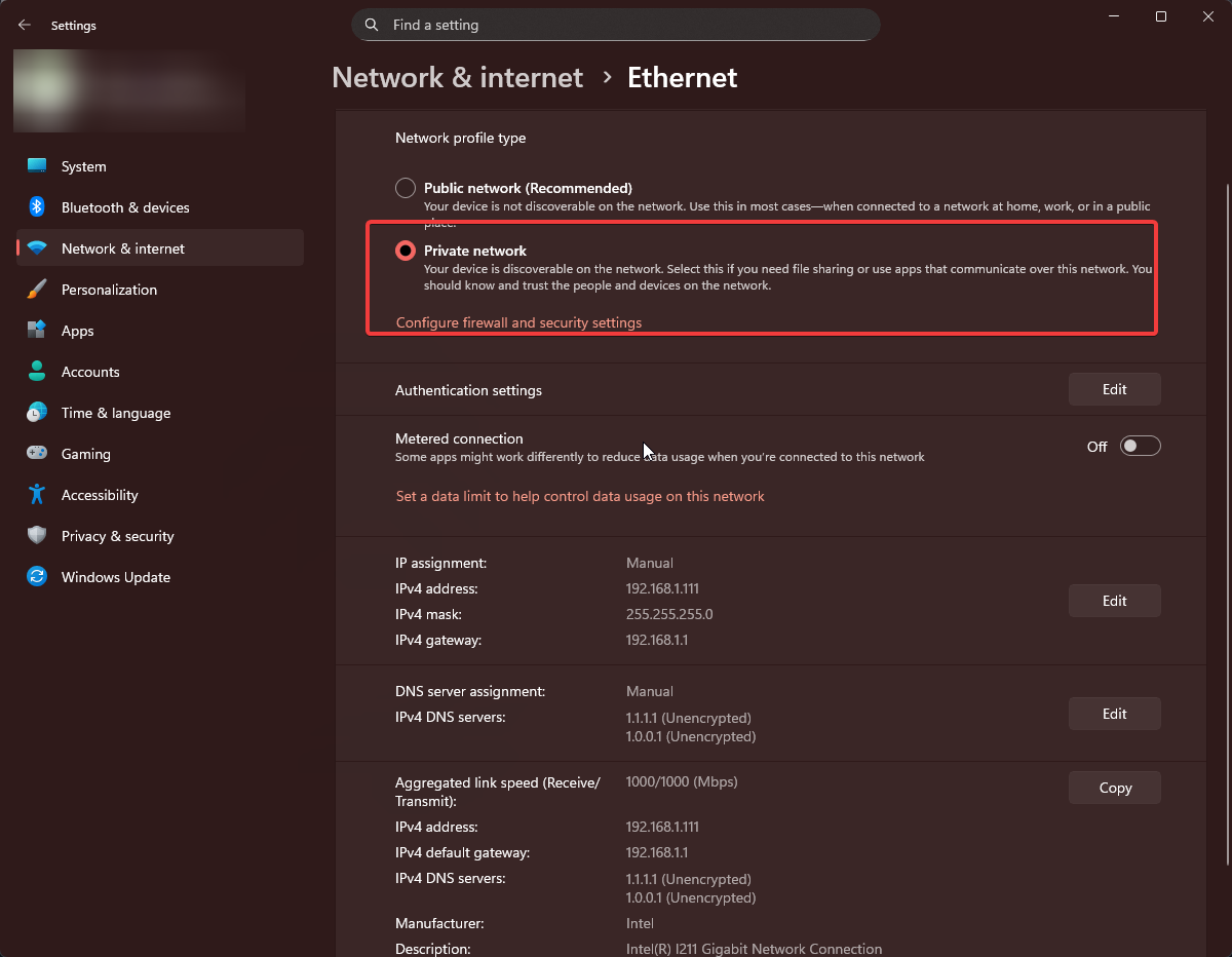Network profile selection showing Private option