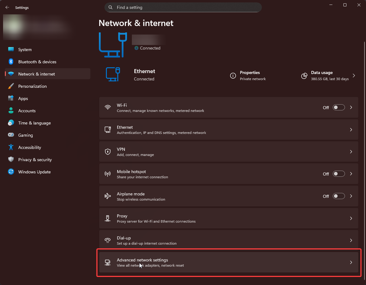 Network settings showing Advanced sharing settings option
