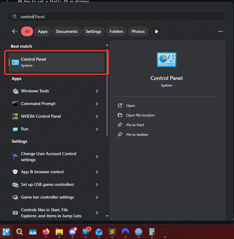Windows search showing Control Panel