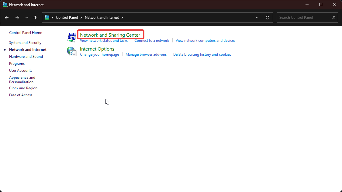 Network and Internet settings showing Network and Sharing Center