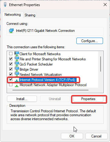 Network adapter properties dialog with IPv4 selected