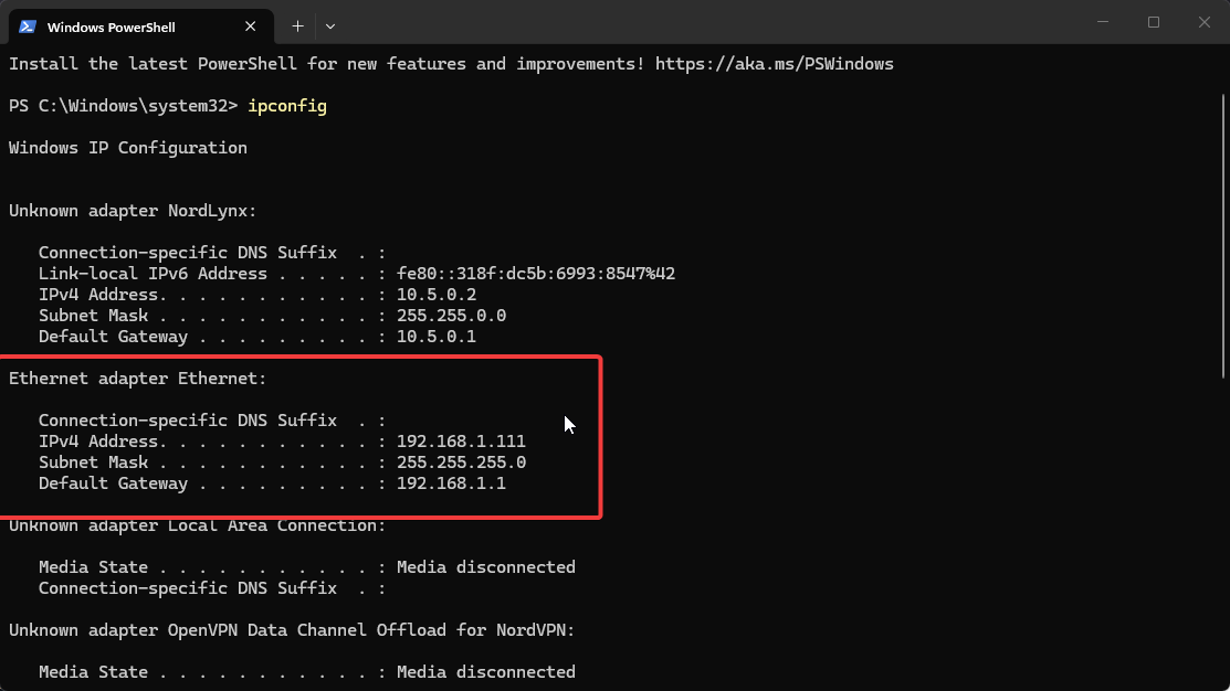 PowerShell window showing ipconfig output with IPv4 address