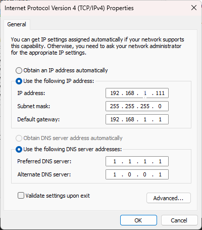 IPv4 Properties dialog with static IP configuration entered
